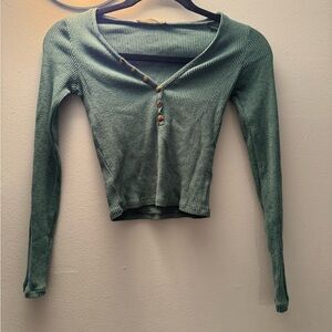 Pull&Bear Teal Ribbed V-Neck Buttoned Top